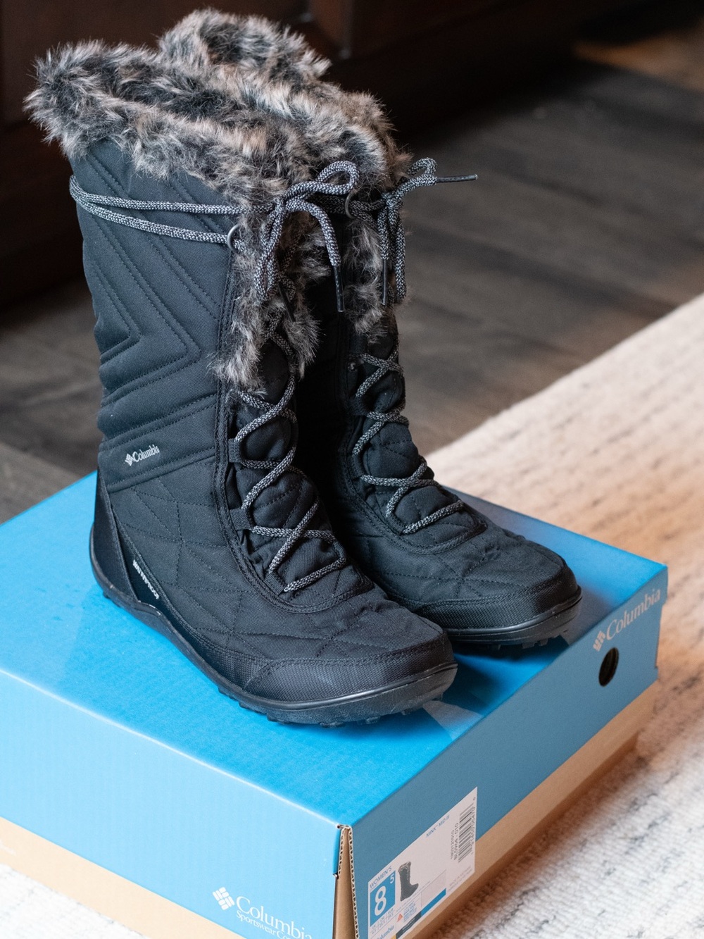 8.5 Columbia Black Tall Faux-Fur Trim Insulated Winter Boots